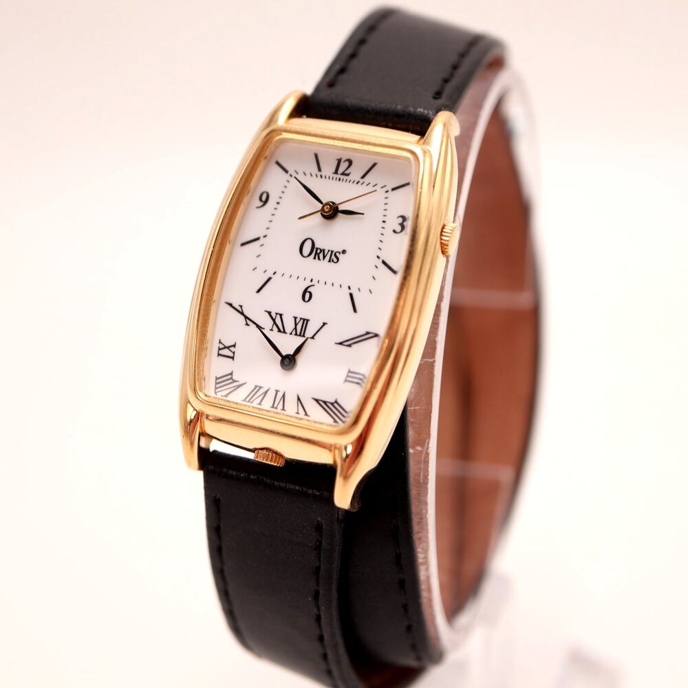 Vintage Orvis Gold Tone Womens Dual Time 34mm Watch Black Leather w New Battery